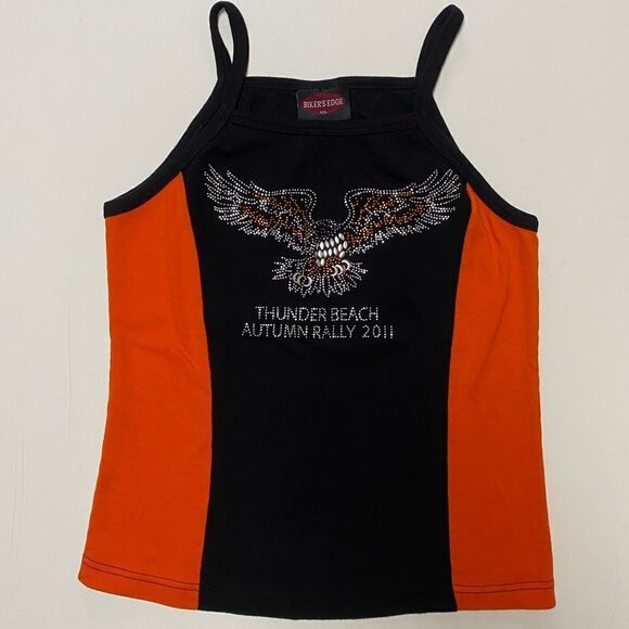 Bikers Edge Women’s Thunder Beach Embellished Black and Orange Tank Top - Picture 3 of 9